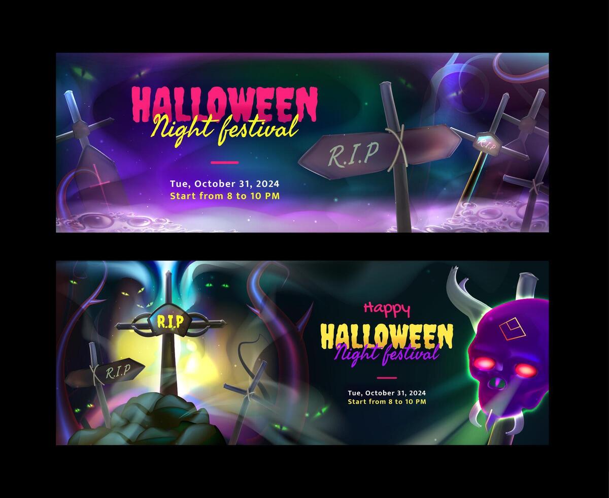 Dark Halloween with grave, crosses, horned skull, monsters, with place for text. Holiday invitation. Background from Realistic 3d banner set in cartoon style vector