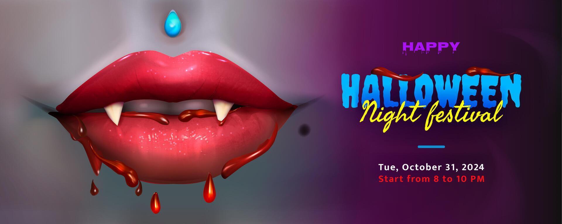 Realistic vampire red lips with bloody fangs. Open mouth with white teeth and drops of blood. Happy Halloween. Place for text. Background from realistic 3d banner in cartoon style vector
