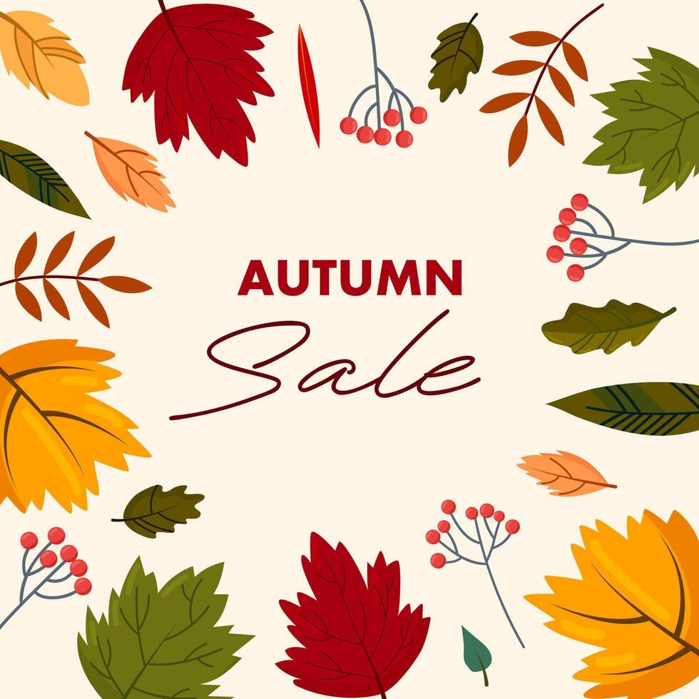 Flat autumn border frame. Social media post template. Colorful background with autumn leaves and copy space. vector
