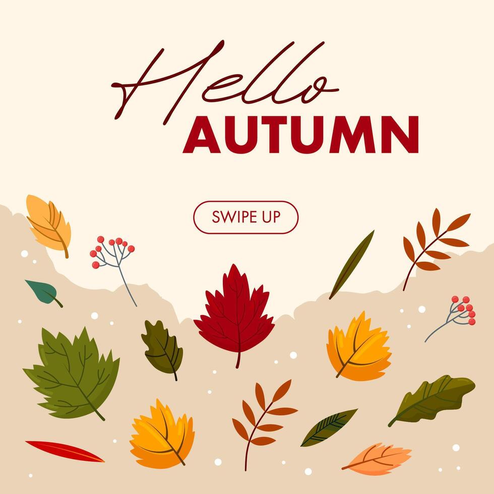 Flat autumn border frame. Social media post template. Colorful background with autumn leaves and copy space. vector