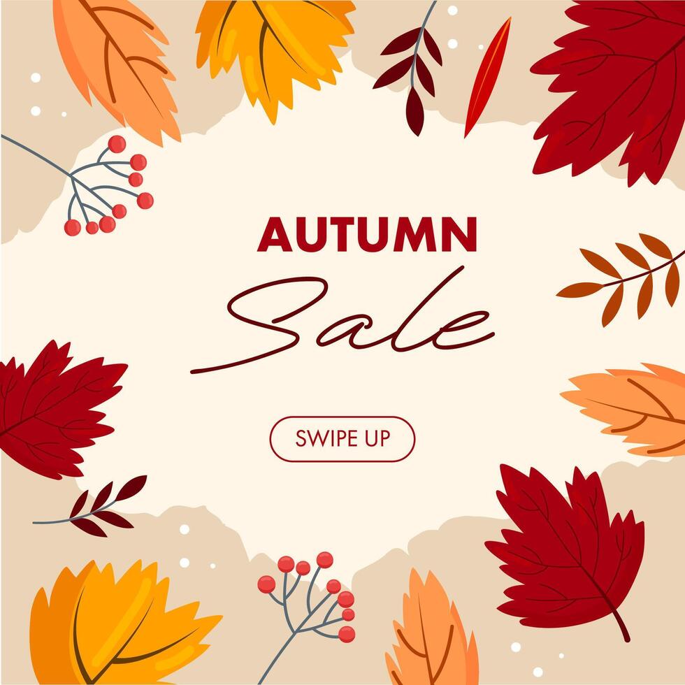 Flat autumn border frame. Social media post template. Colorful background with autumn leaves and copy space. vector
