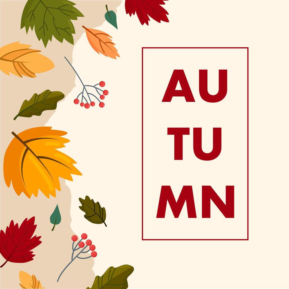 Flat autumn border frame. Social media post template. Colorful background with autumn leaves and copy space. vector