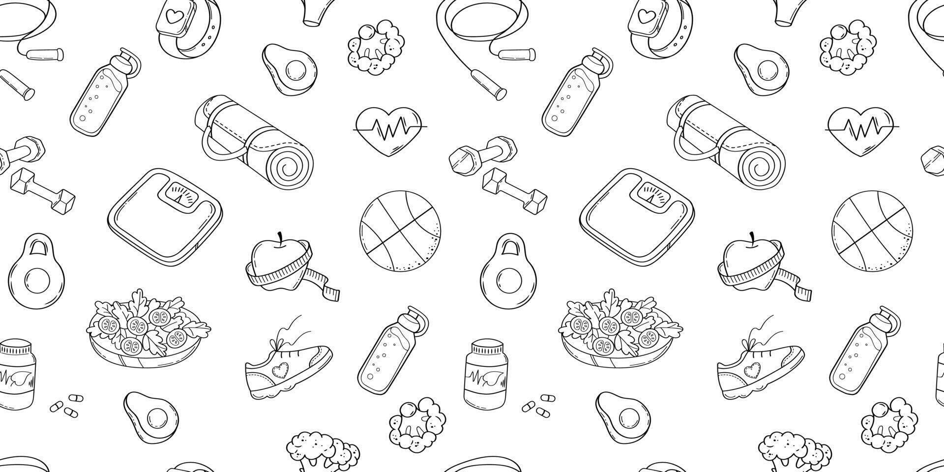 Healthy lifestyle seamless pattern. Sport equipment, fitness accessories and diet food elements in doodle style on white background. vector