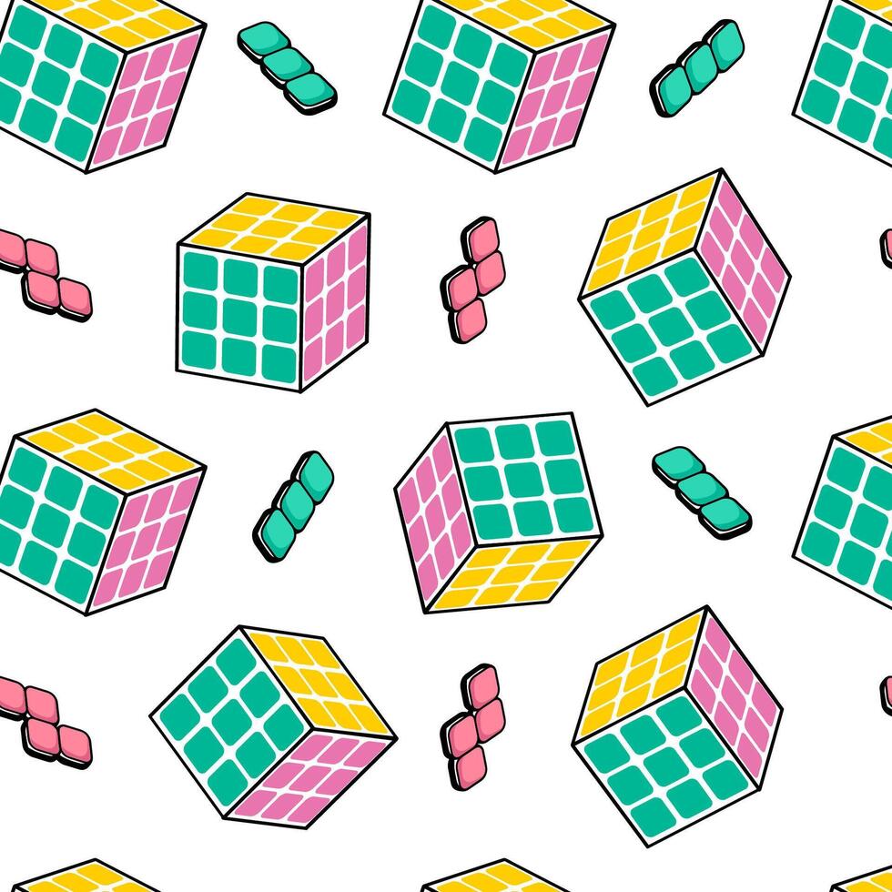 Cube puzzle is seamless pattern. Toys for development on a white background. Multi-colored background for printing on packaging, fabric, etc. vector