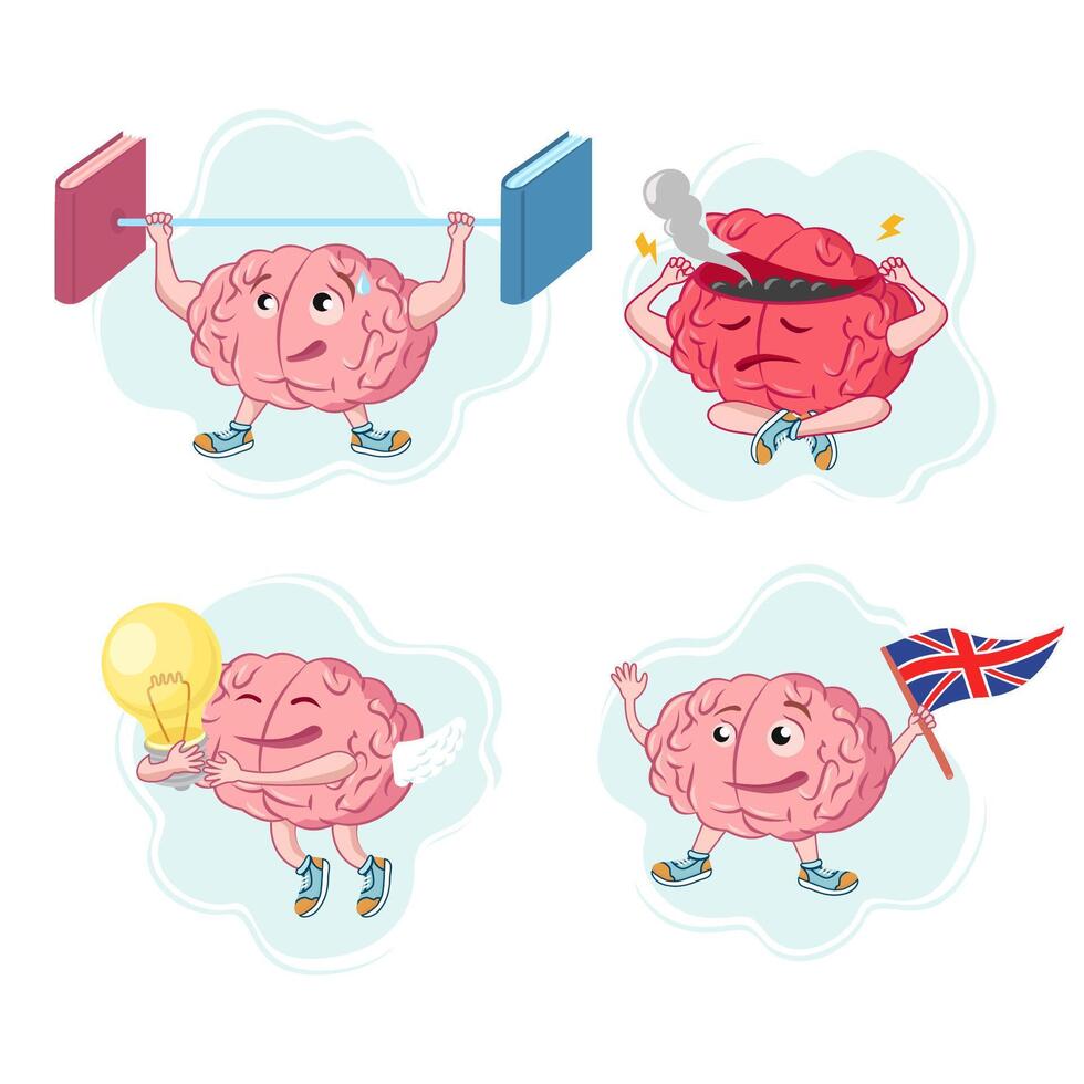 Set of illustrations of the brain in different poses and situations on a white background. Brain characters for the theme of education. vector