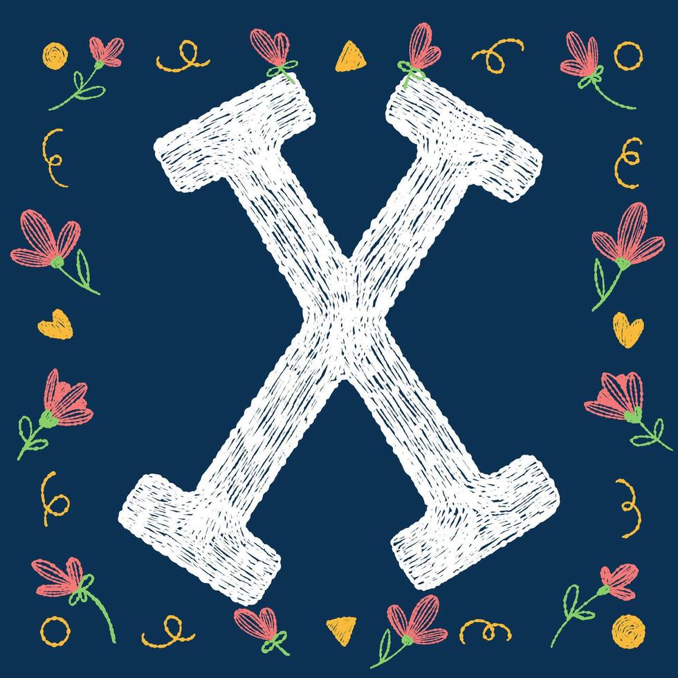 Playful hand-drawn chalk textured alphabetical letter X with decorative elements on a blue background, ideal for educational and creative design projects. vector