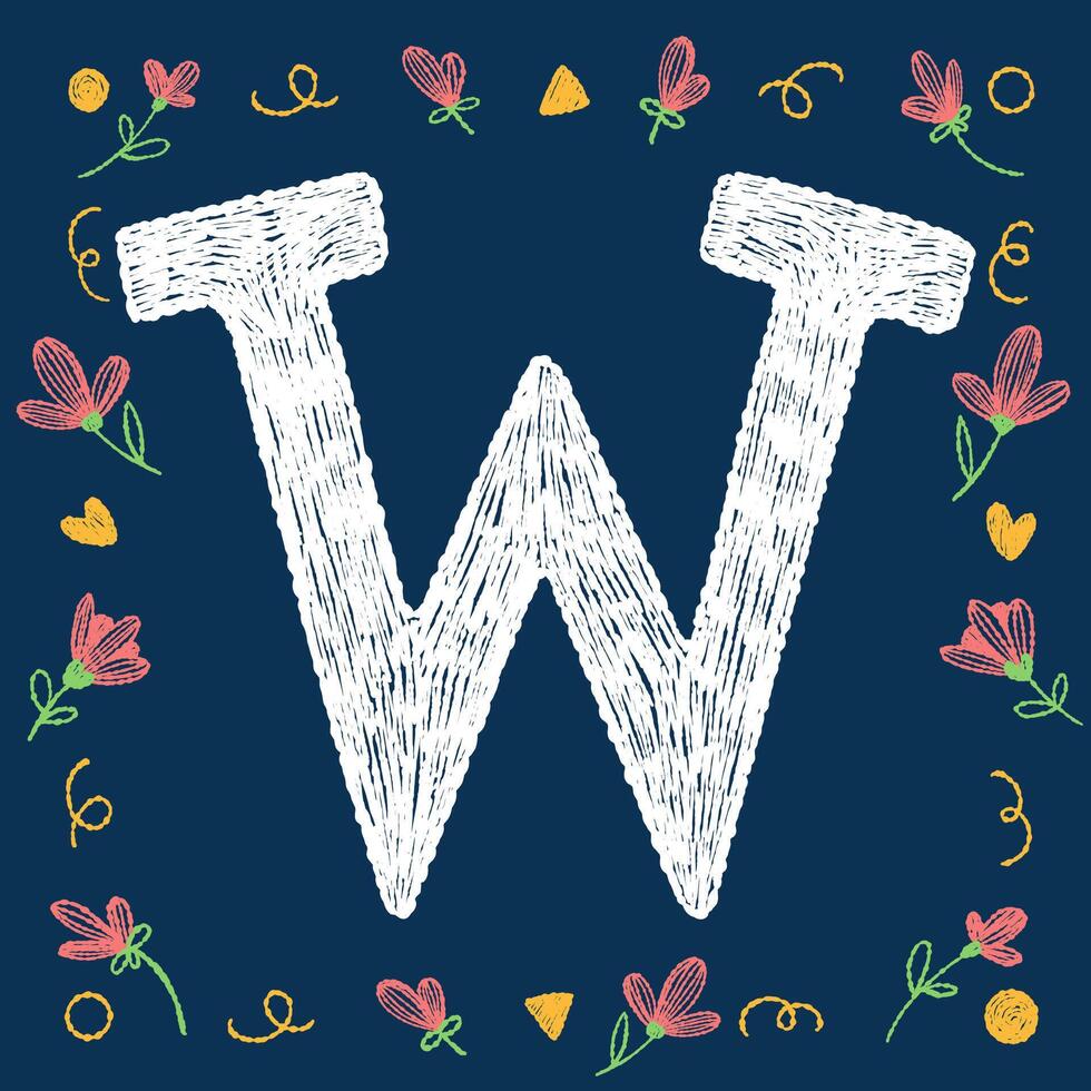 Playful hand-drawn chalk textured alphabet letter W with decorative elements on a blue background, ideal for educational and creative design projects. vector