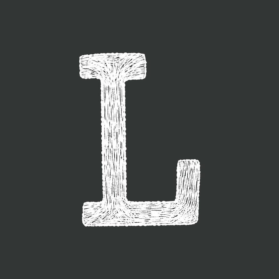 Black and white hand-drawn chalk textured alphabetical letter L ideal for school creative lettering design projects. vector
