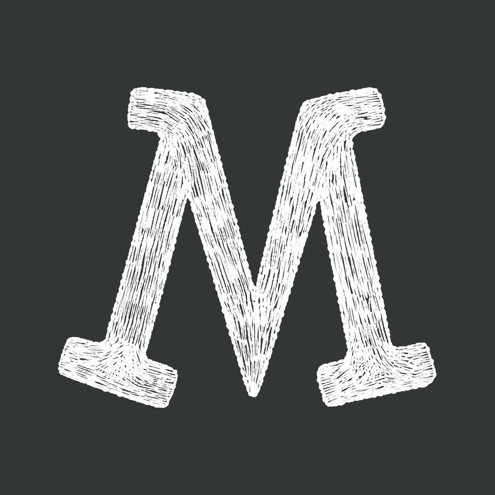 Black and white hand-drawn chalk textured alphabetical letter M ideal for school creative lettering design projects. vector