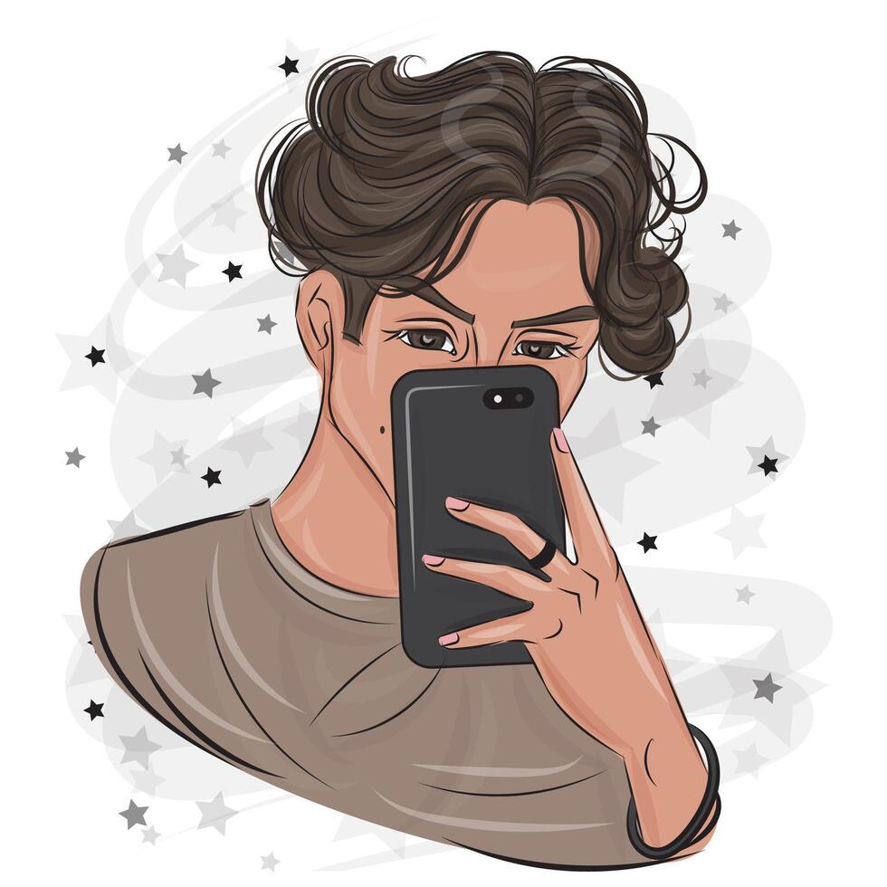 Handsome guy taking selfies on a smartphone fashion illustration vector