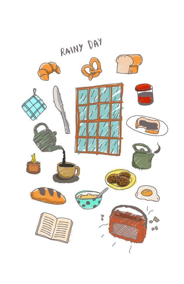 Colorfull Illustration art of objects to rainy days doodle vector