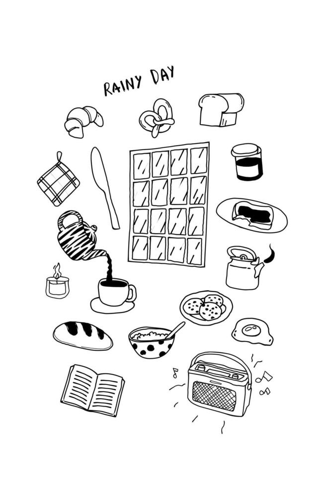 black and white line art of objects to rainy days doodle vector