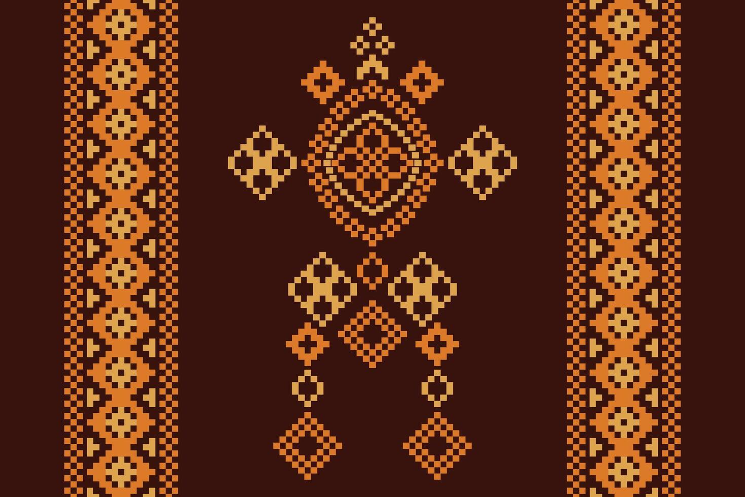 Traditional black ethnic motifs ikat geometric fabric pattern cross stitch.Ikat embroidery Ethnic oriental Pixel brown background.Abstract,illustration. Texture,decoration,wallpaper. vector