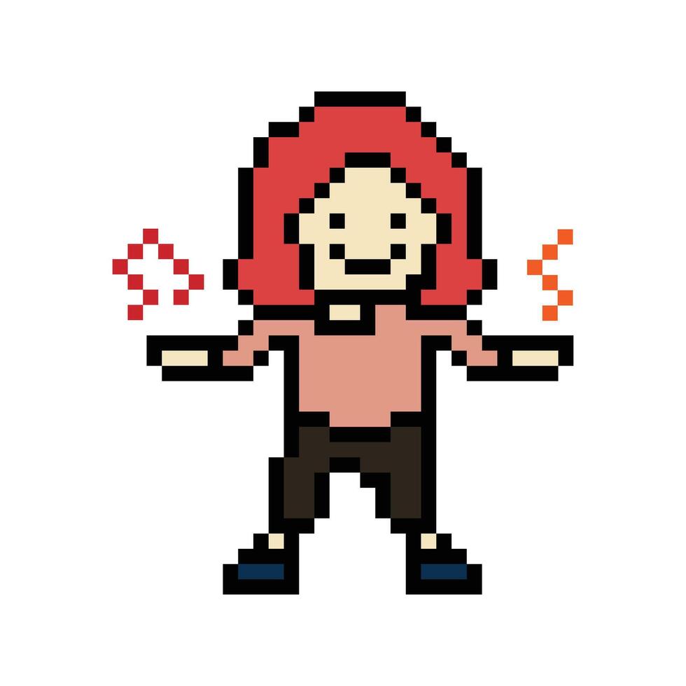 Cute pixel cartoon 8bit character woman exercises training dance lifestyle music decoration life style 8 bit female girl dance with music game fitness isolated. vector