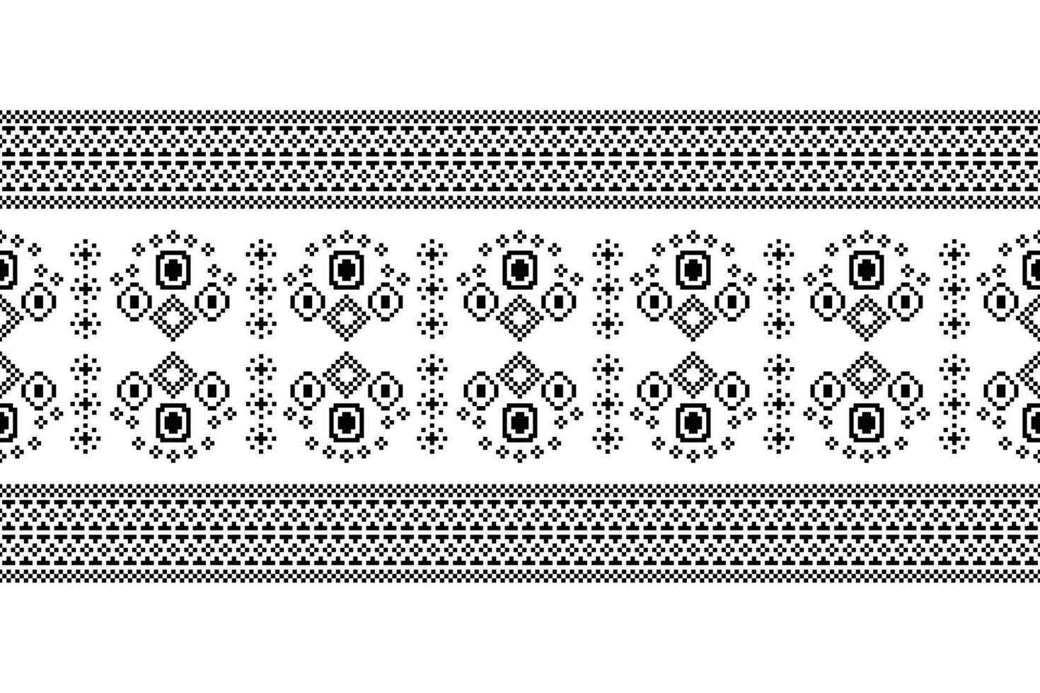 Traditional ethnic motifs ikat geometric fabric pattern cross stitch.Ikat embroidery Ethnic oriental Pixel black and white label background. Abstract,illustration. Texture,decoration,wallpaper. vector
