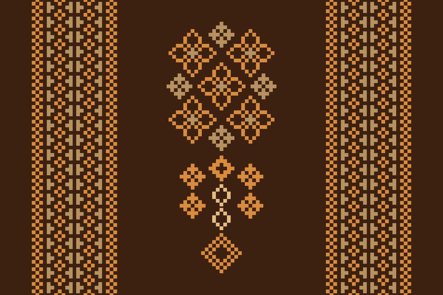 Traditional black ethnic motifs ikat geometric fabric pattern cross stitch.Ikat embroidery Ethnic oriental Pixel brown background.Abstract,illustration. Texture,decoration,wallpaper. vector