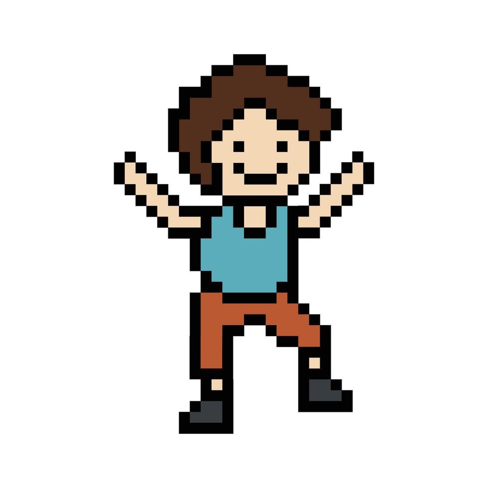 Cute pixel cartoon 8bit character man exercises training dance lifestyle music decoration life style 8 bit male boy dance with music game fitness isolated. vector