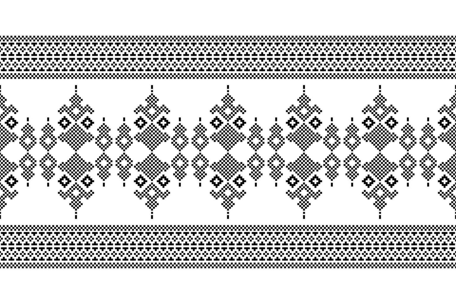 Traditional ethnic motifs ikat geometric fabric pattern cross stitch.Ikat embroidery Ethnic oriental Pixel black and white label background. Abstract,illustration. Texture,decoration,wallpaper. vector
