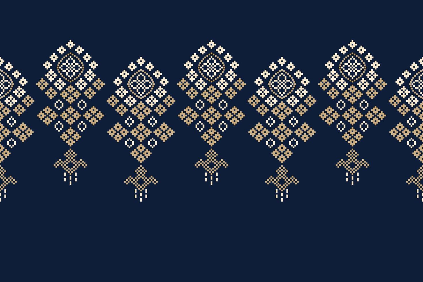 Traditional black ethnic motifs ikat geometric fabric pattern cross stitch.Ikat embroidery Ethnic oriental Pixel blue background.Abstract,illustration. Texture,decoration,wallpaper. vector