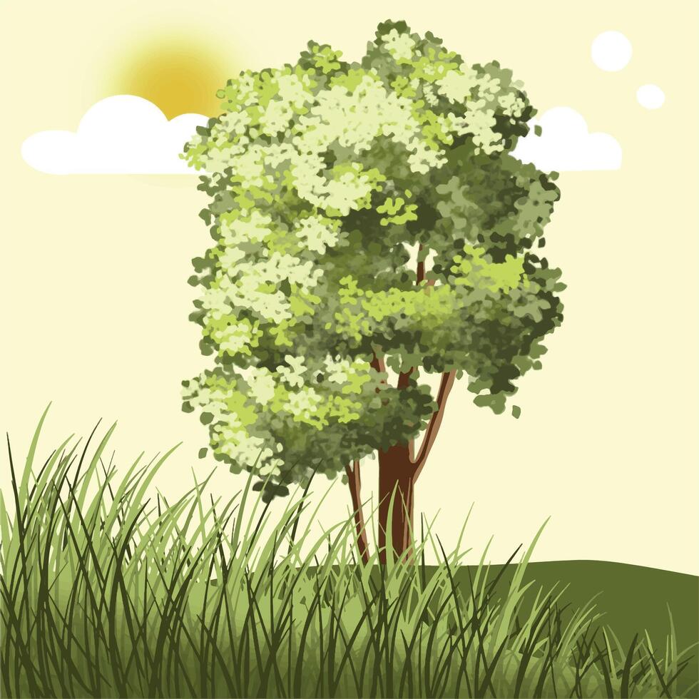 Green tree and meadow on sunny day vector