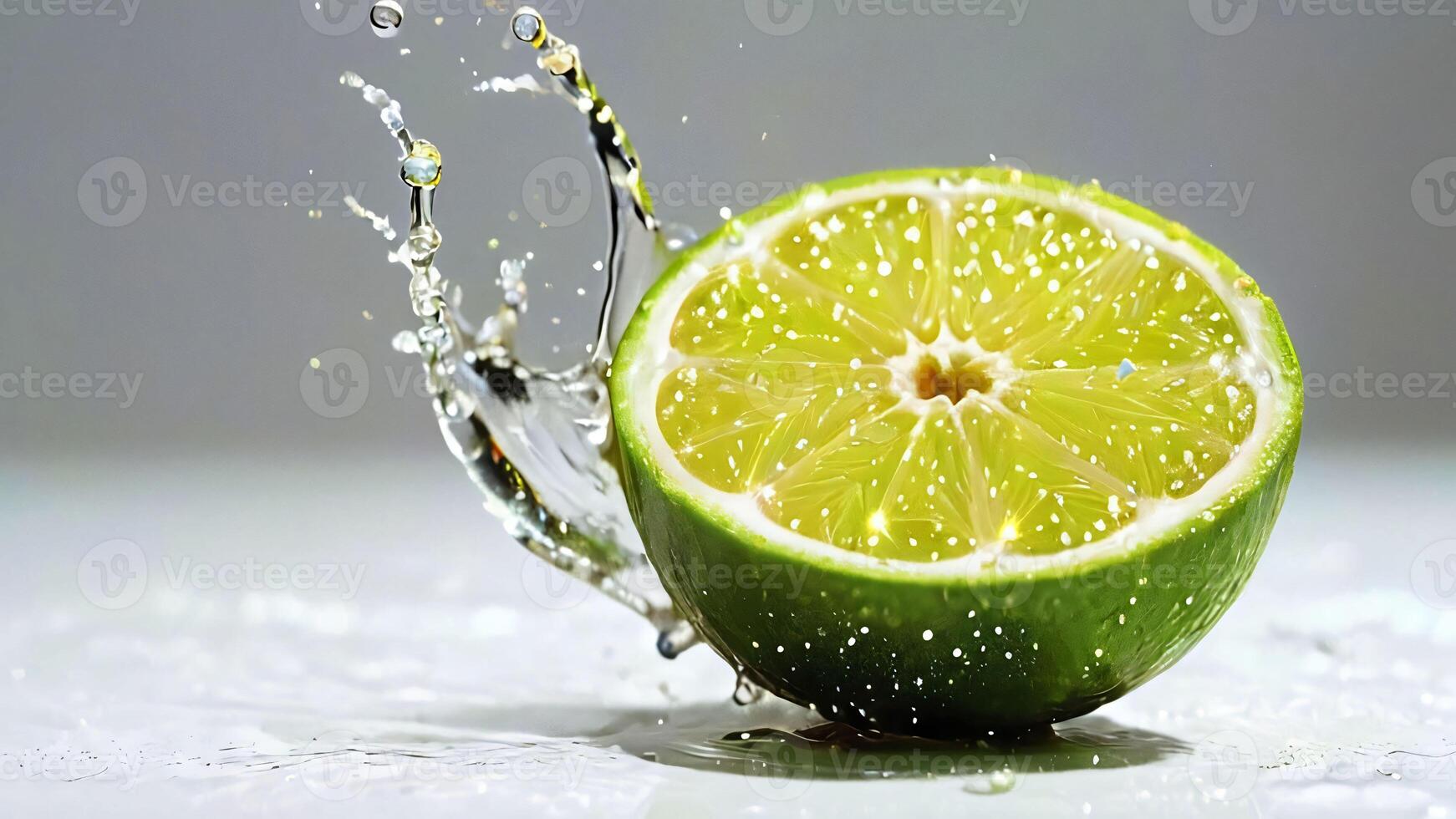 Fresh lime fruit cut with fresh water splashes on color background, good for creative digital content photo