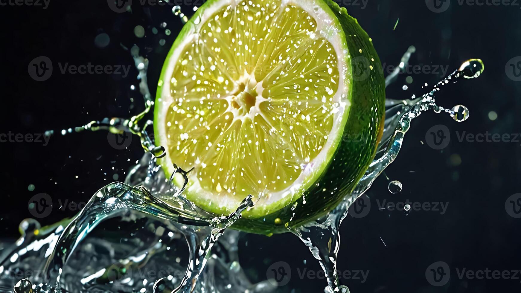 Fresh lime fruit cut with fresh water splashes on color background, good for creative digital content photo