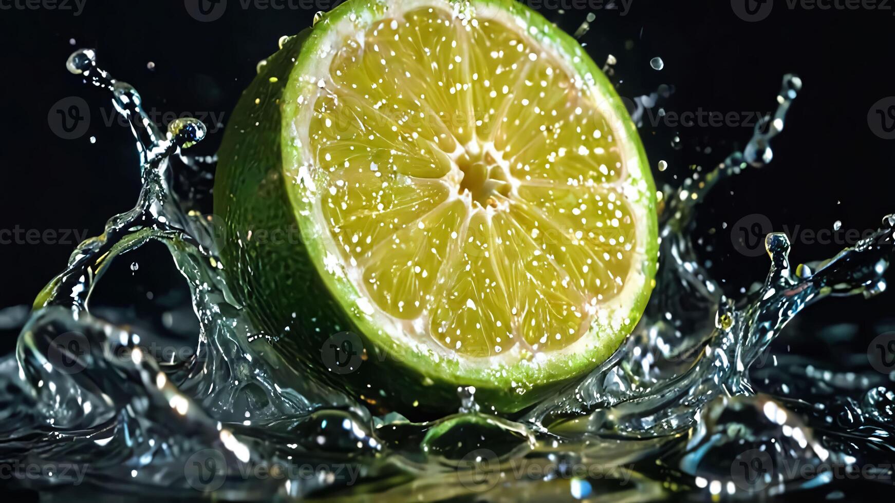 Fresh lime fruit cut with fresh water splashes on color background, good for creative digital content photo