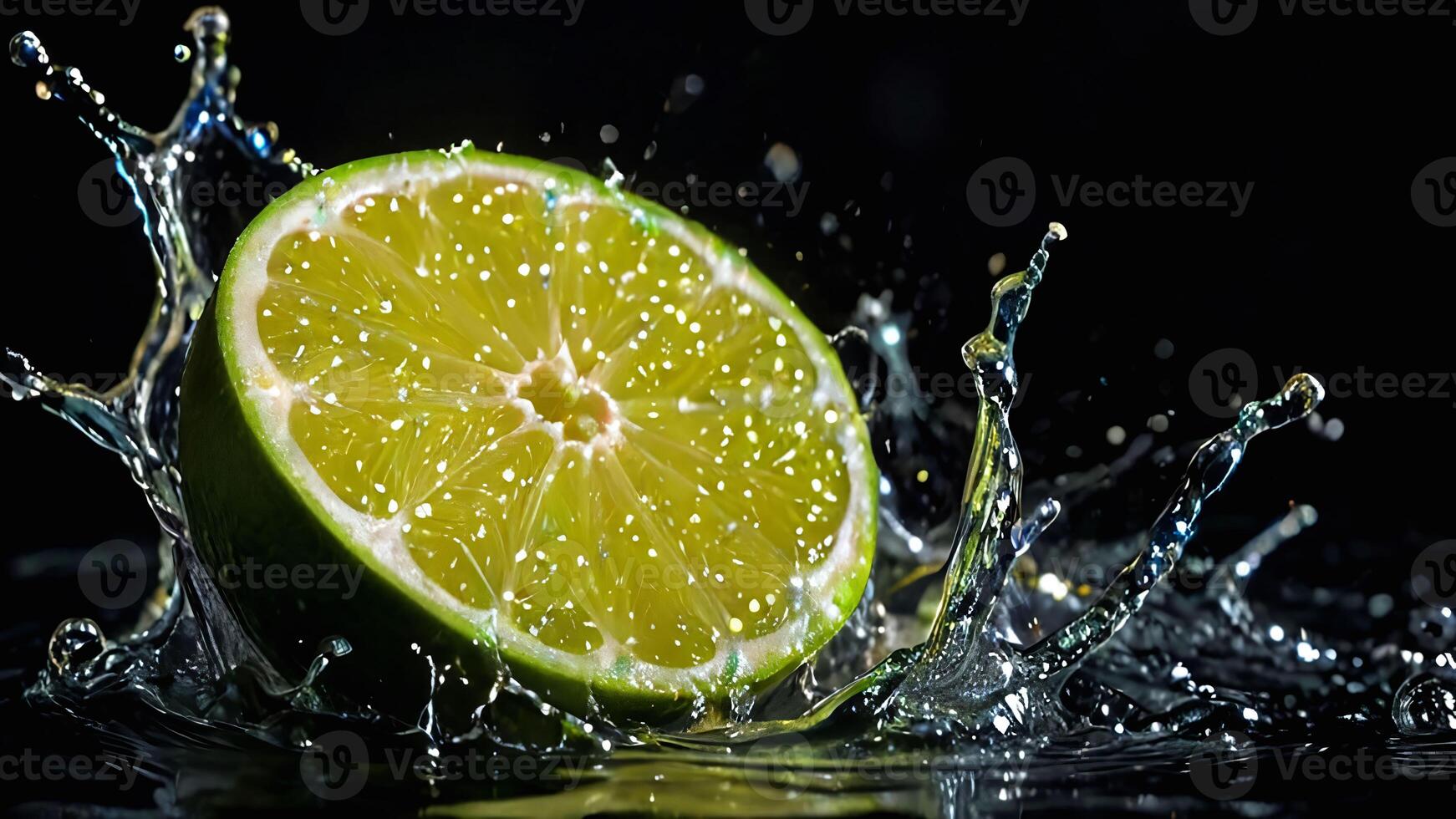 Fresh lime fruit cut with fresh water splashes on color background, good for creative digital content photo