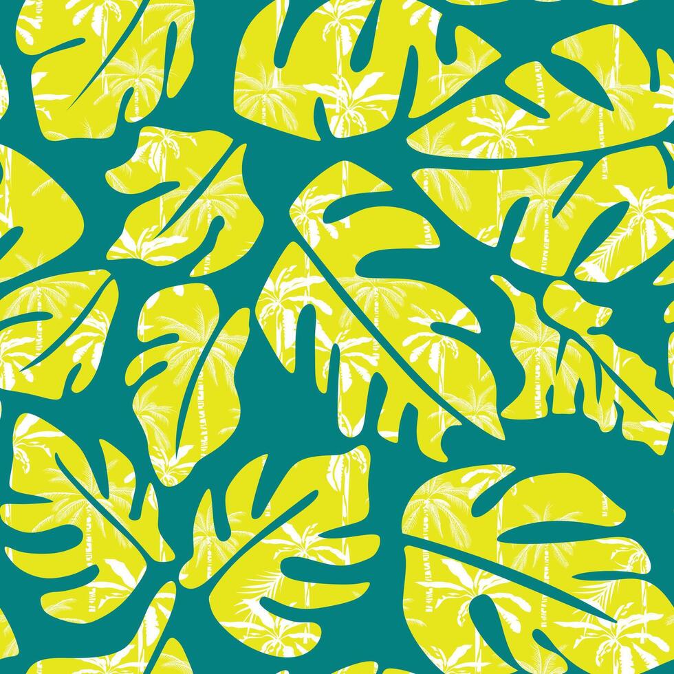 Hand drawn abstract monstera leaf with palm tree texture background seamless pattern vector