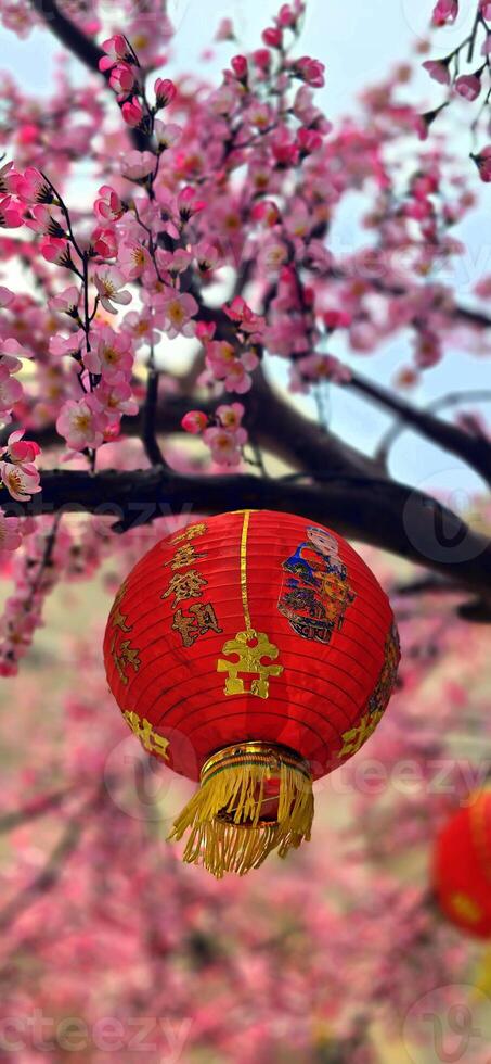 Chinese red lanterns during chinese new year festival, Chinese new year, new year celebration concept and happy new year Chinese, representing prosperity and happiness photo