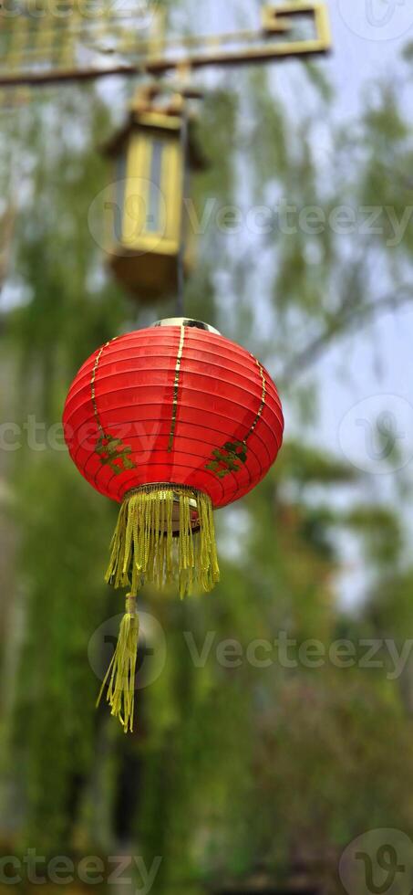 Chinese red lanterns during chinese new year festival, Chinese new year, new year celebration concept and happy new year Chinese, representing prosperity and happiness photo