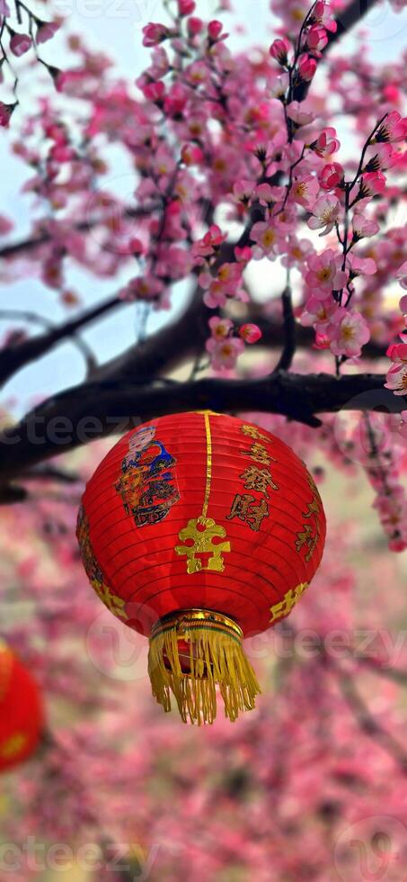Chinese red lanterns during chinese new year festival, Chinese new year, new year celebration concept and happy new year Chinese, representing prosperity and happiness photo