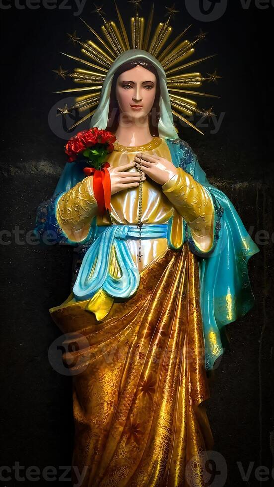 Mother Mary sacred peaceful prayer place, blessed Virgin Mary statue, praying Virgin Mary statue. Religious background on church interior background photo