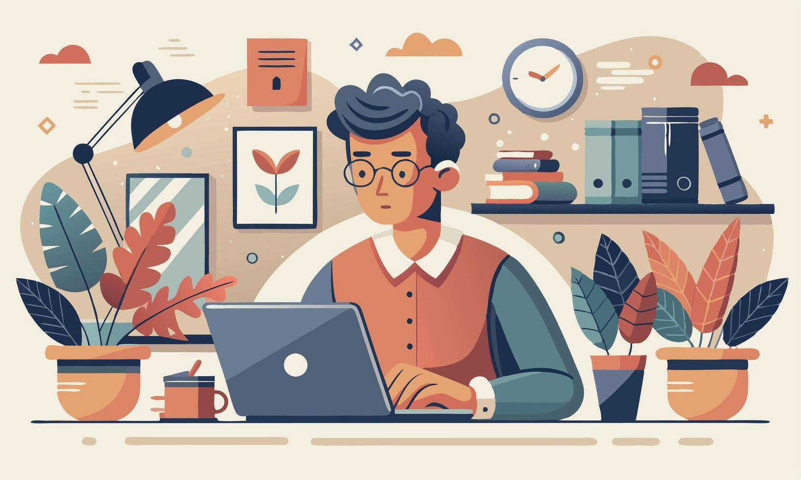 A boy working in laptop illustration design vector