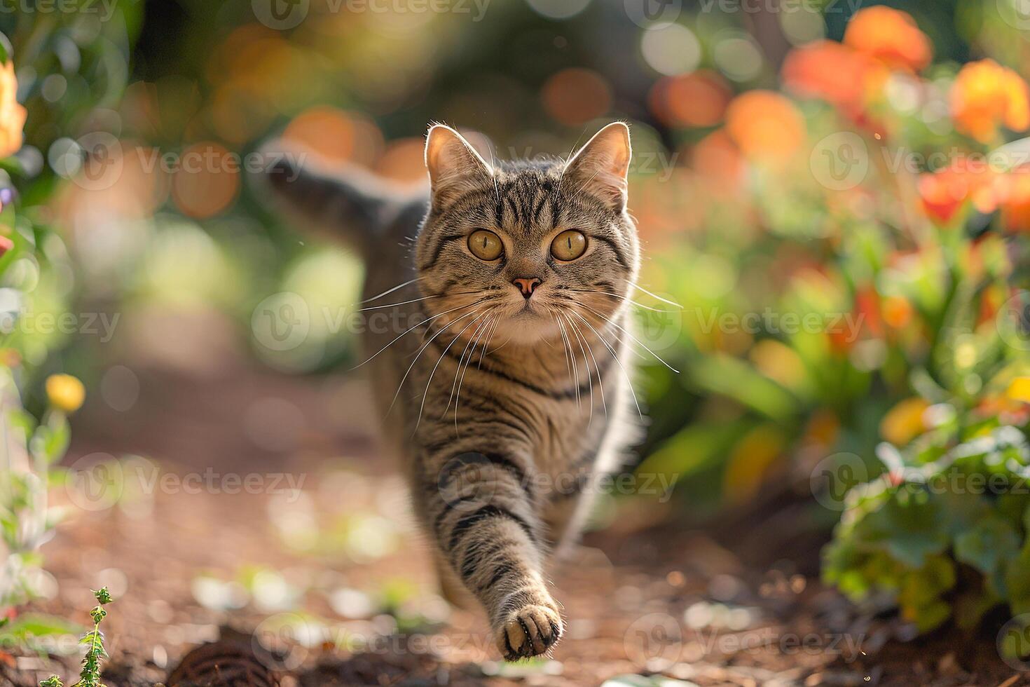 An American Shorthair cat is captured mid-run in a garden photo