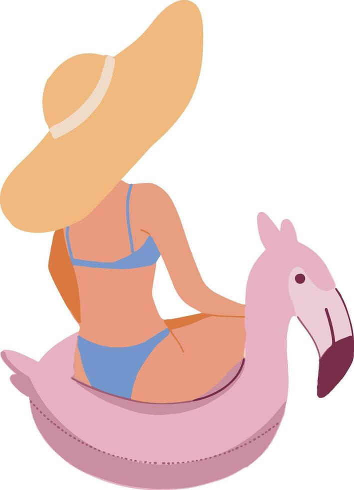 Lady in lifebuoy flamingo flat style isolated on white vector
