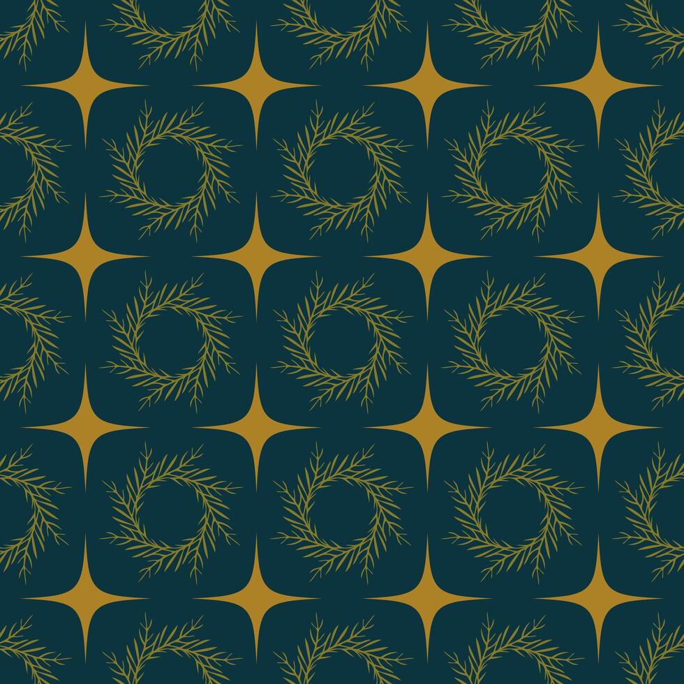 A blue and gold patterned background with wreaths and stars vector