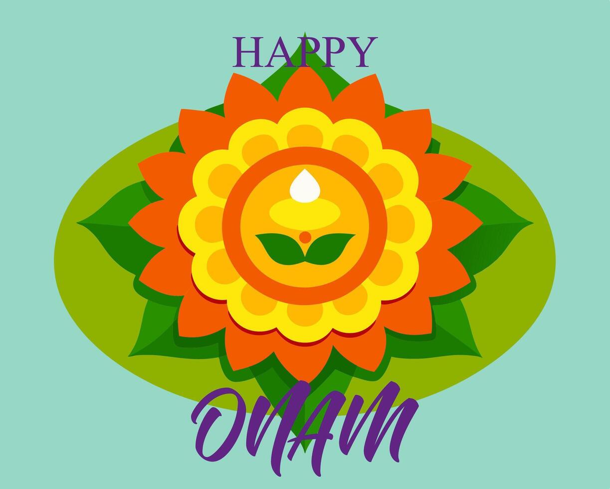 Onam festival. A flower with a yellow center and green leaves. The flower is surrounded by a blue circle. vector