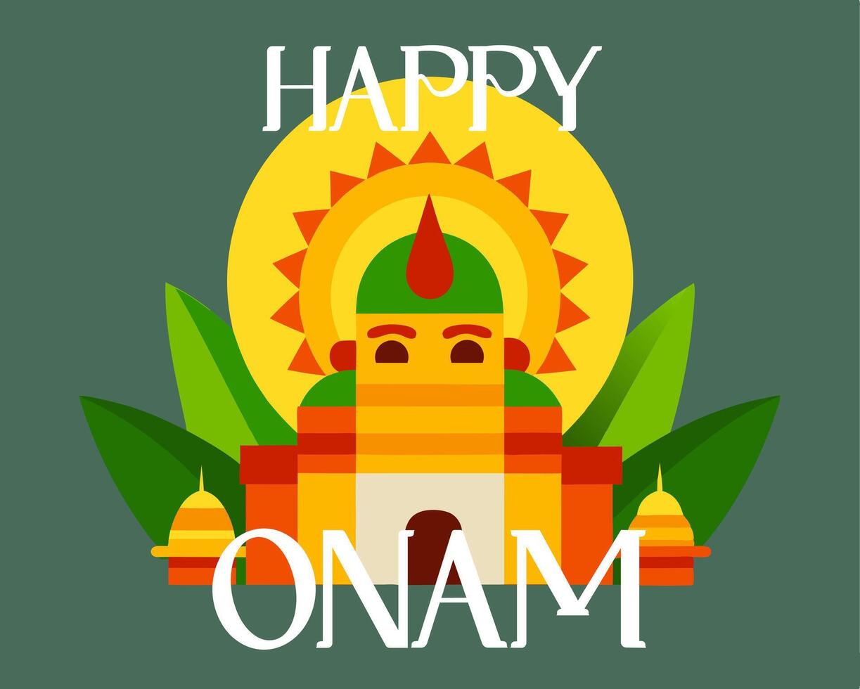 A colorful drawing of a building with a sun and a green leaf. The words Happy Onam are written below the drawing vector