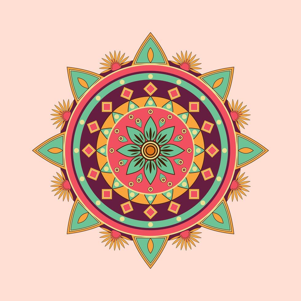 A colorful mandala with green and red petals is the center of a large circle vector