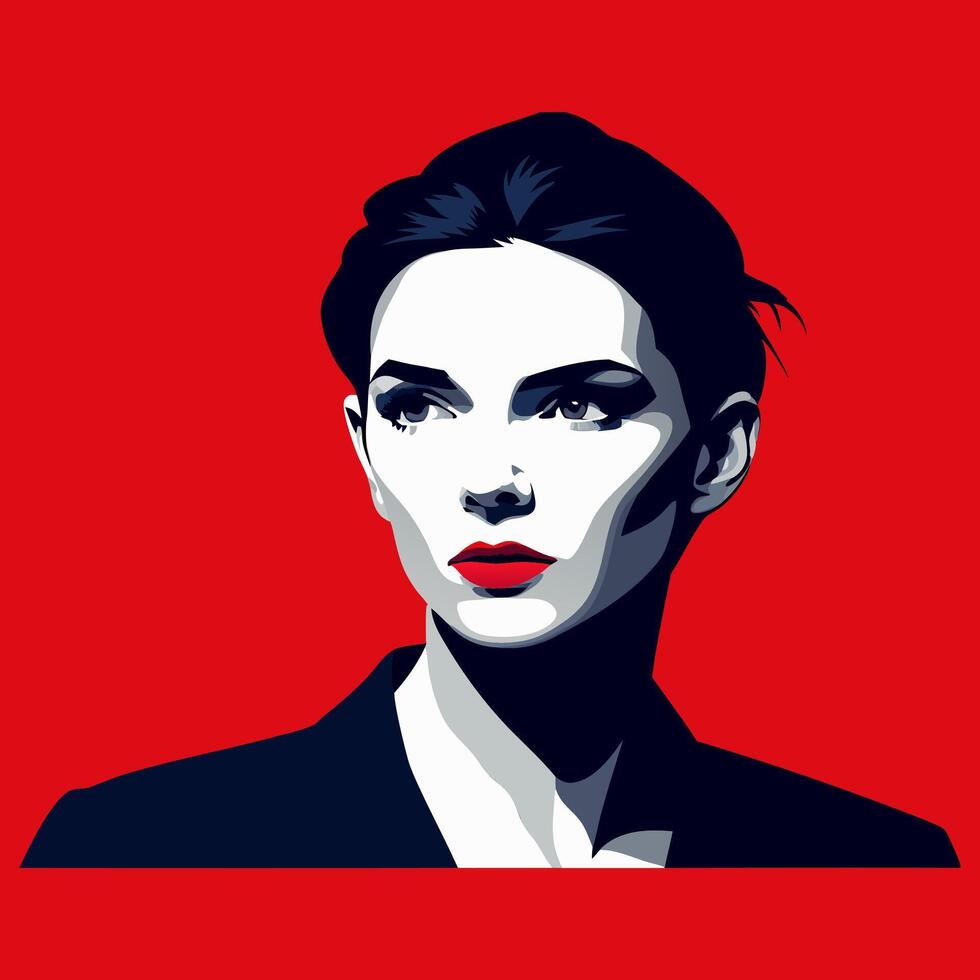 A woman with a red background and a black and white face. vector