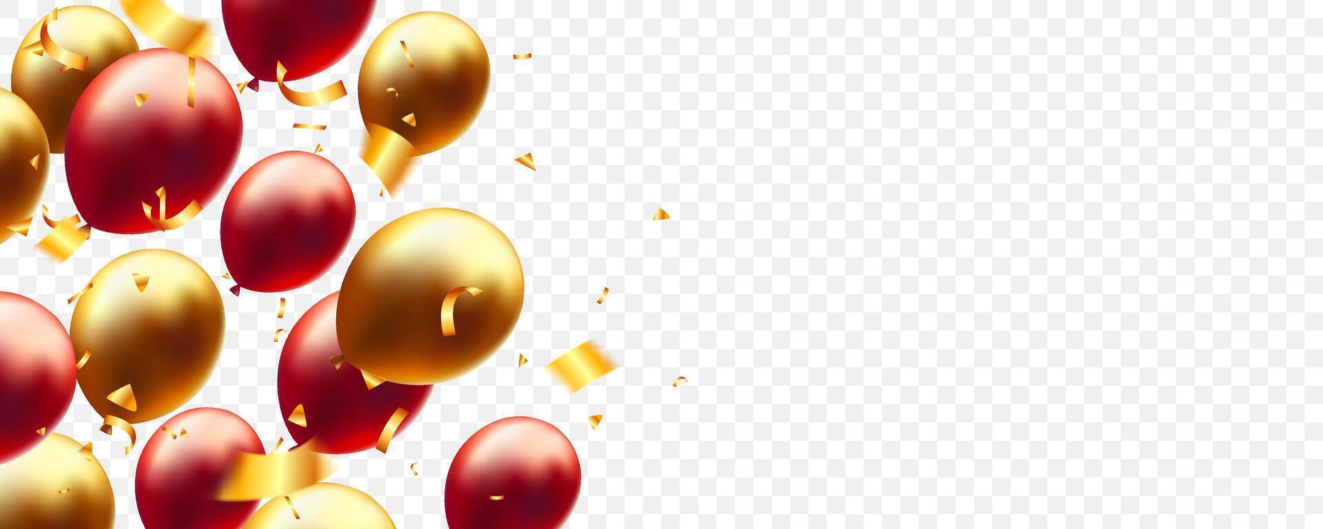 Red, gold glossy realistic balloons and golden confetti on background vector