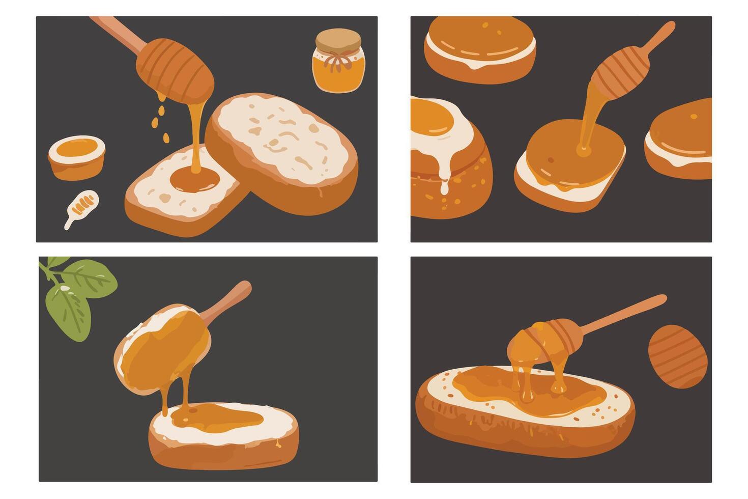 Inviting Breakfast - Toast Bread with Honey Dripping - Isolated Set. vector
