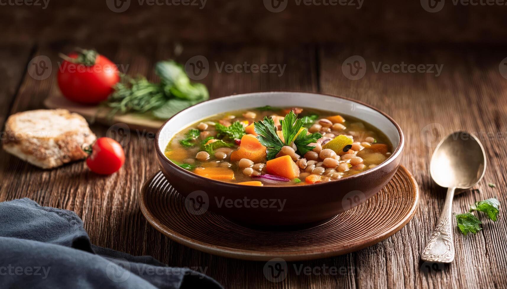 A hearty bowl of lentil soup with vegetables and herbs photo