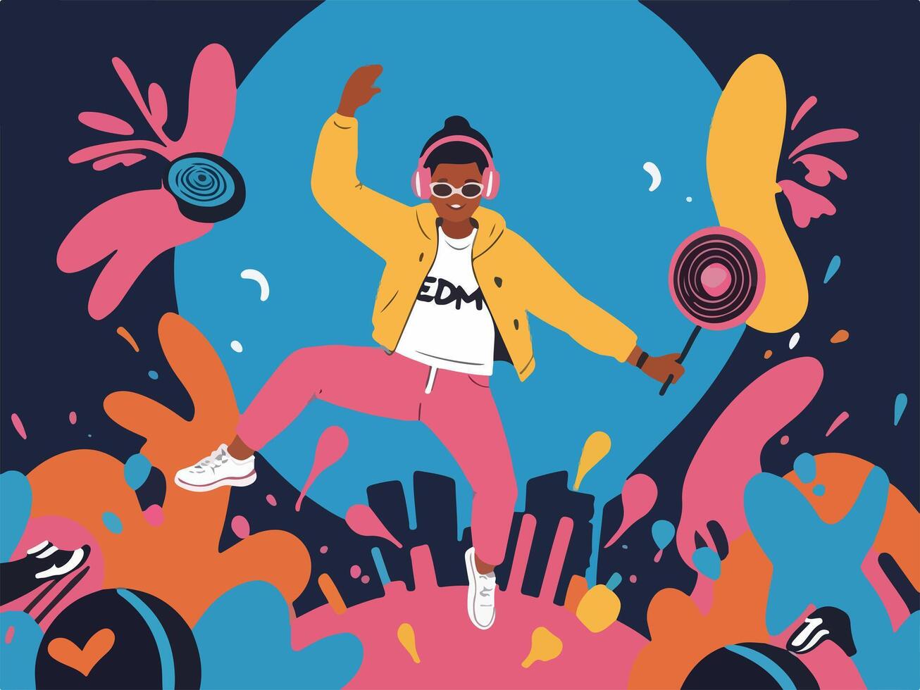 Rhythmic Jumping - Exciting EDM Waves with Enthusiastic Personnel. Flat Illustration. vector