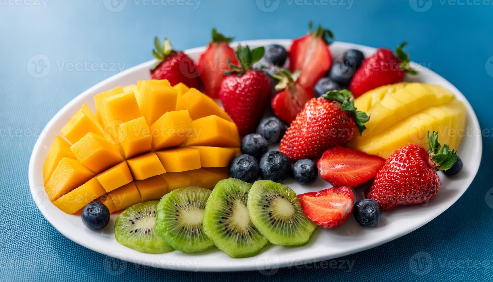 A white plate piled high with a variety of fresh fruits photo