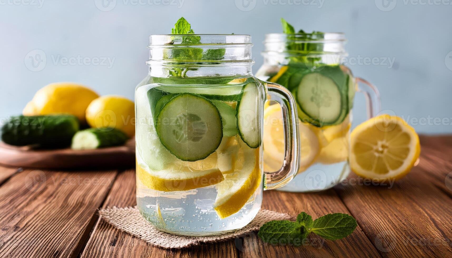 Two mason jars filled with cucumber lemon and mint infused water photo