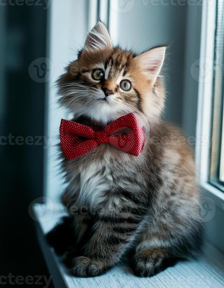 A fluffy kitten with a red bowtie sits by a window photo