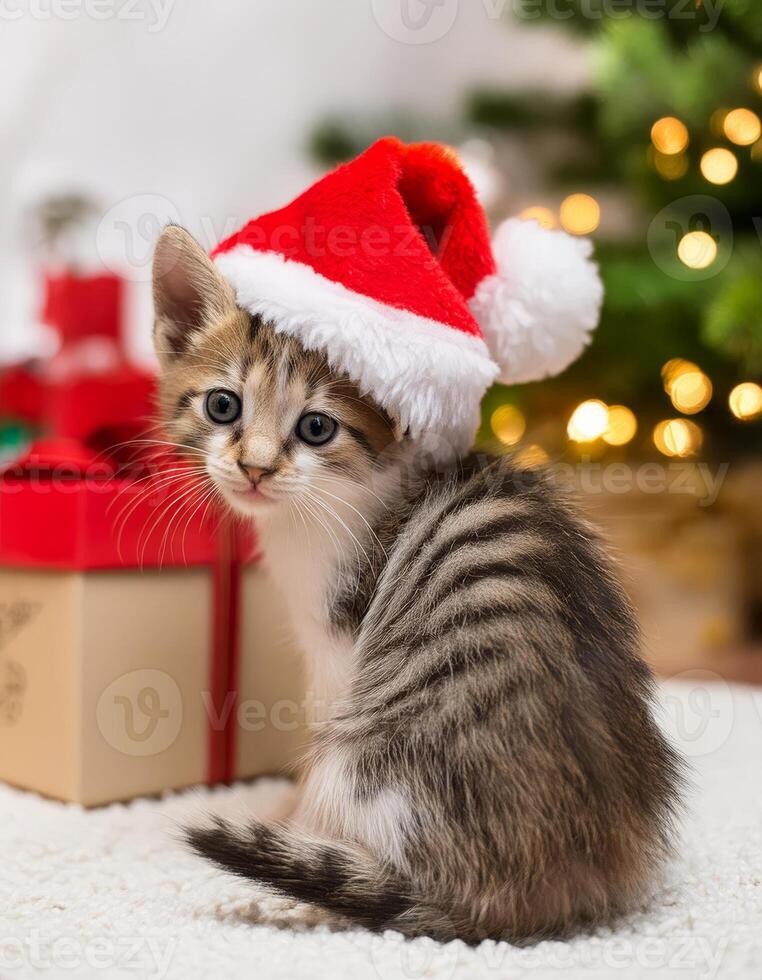 A kitten wearing a Santa hat sits next to a Christmas present photo