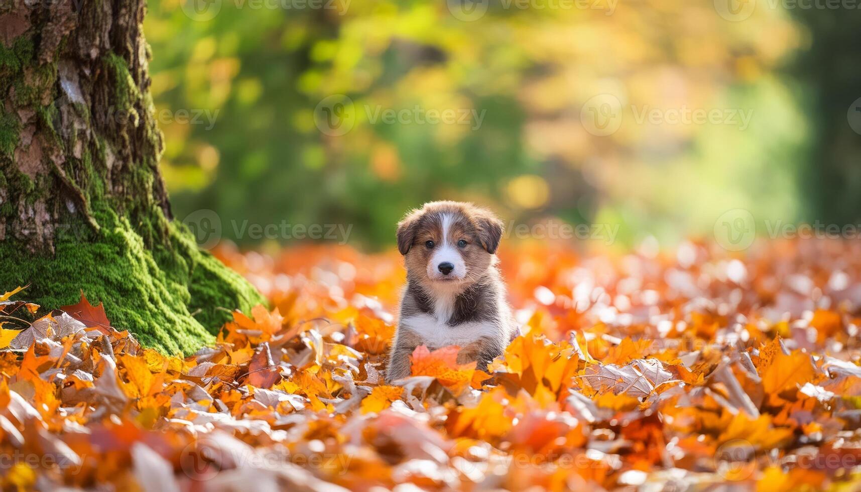 A puppy sits in a bed of fall leaves photo